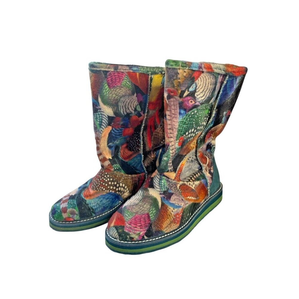 Desigual Women's Faux Fur Lined Mid-Calf Panda Boots Bird Print Sz 36‎ US 6/6.5